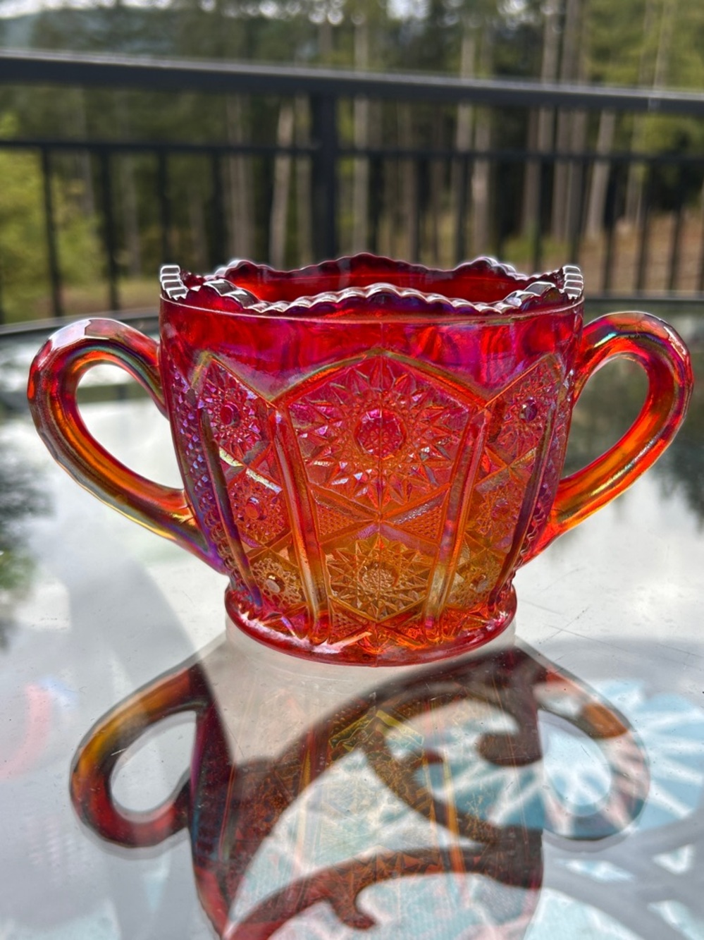 Vintage Indiana Glass Heirloom Sunset Red Carnival Glass Open Sugar Bowl
